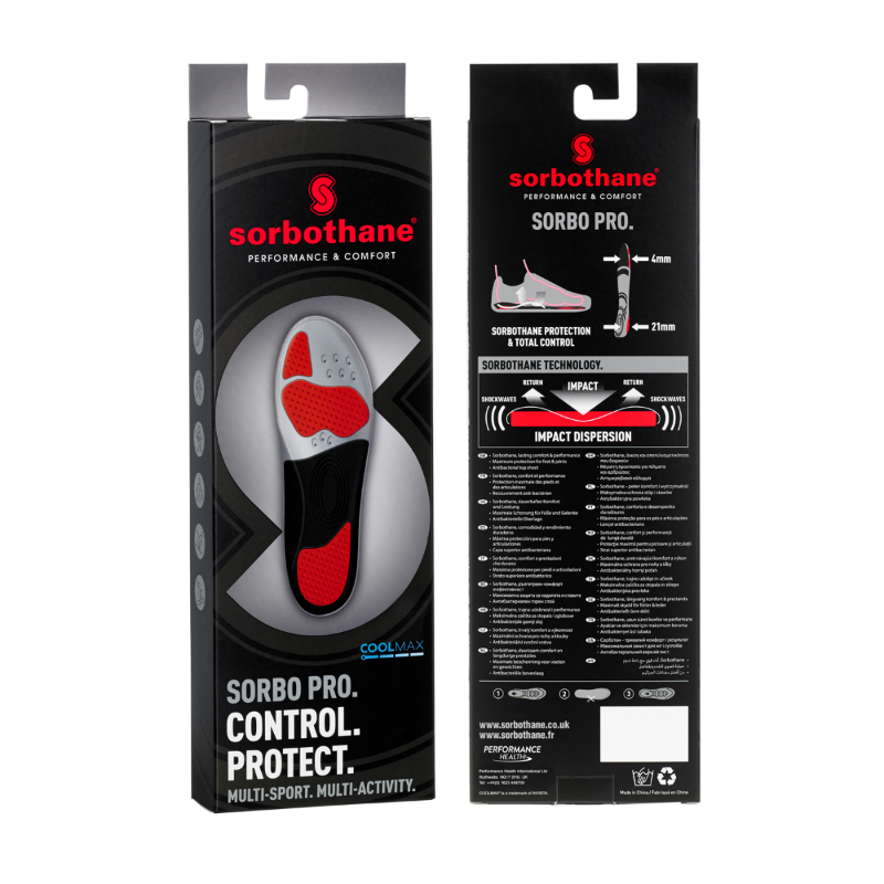 Sorbothane Sorbo Pro Insoles, 44-45, Shock Absorbing Shoe Soles for Football Boots, Running or Hiking, Footbeds for Footbeds for Plantar Fasciitis, Heel Support and